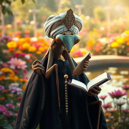 A large, realistic praying mantis dressed in traditional Muslim cleric clothing with dark colors featuring elegant Islamic patterns