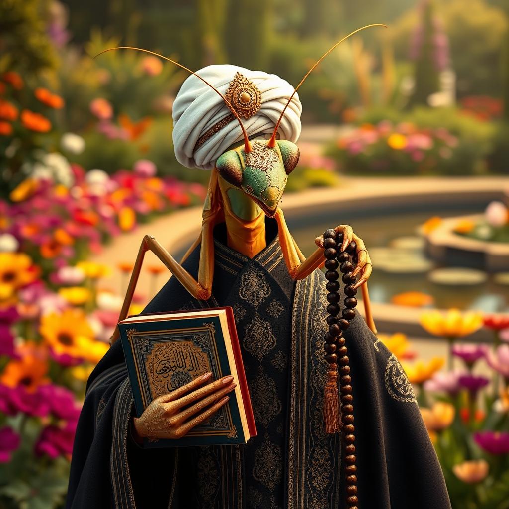 A large, realistic praying mantis dressed in traditional Muslim cleric clothing with dark colors featuring elegant Islamic patterns