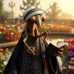A large, realistic praying mantis dressed in traditional Muslim cleric clothing with dark colors featuring elegant Islamic patterns