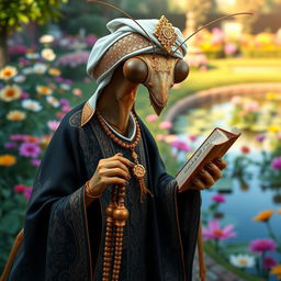 A large, realistic praying mantis dressed in traditional Muslim cleric clothing with dark colors featuring elegant Islamic patterns
