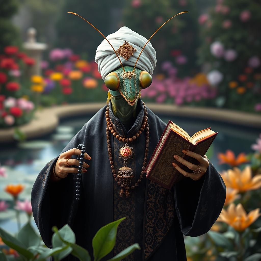 A realistic depiction of a large praying mantis dressed in traditional Muslim cleric clothing, featuring dark colors with intricate Islamic patterns