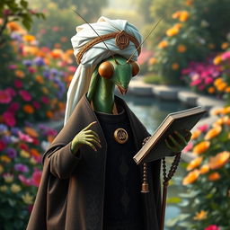 A realistic depiction of a large praying mantis dressed in traditional Muslim cleric clothing, featuring dark colors with intricate Islamic patterns