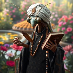 A realistic depiction of a large praying mantis dressed in traditional Muslim cleric clothing, featuring dark colors with intricate Islamic patterns
