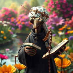 A realistic depiction of a large praying mantis dressed in traditional Muslim cleric clothing, featuring dark colors with intricate Islamic patterns