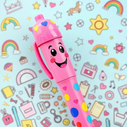 A cheerful and playful pink cartoon-style pen designed for kids, featuring a cute smiling face and oversized, colorful grips