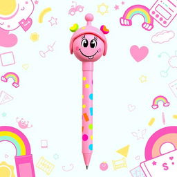 A cheerful and playful pink cartoon-style pen designed for kids, featuring a cute smiling face and oversized, colorful grips