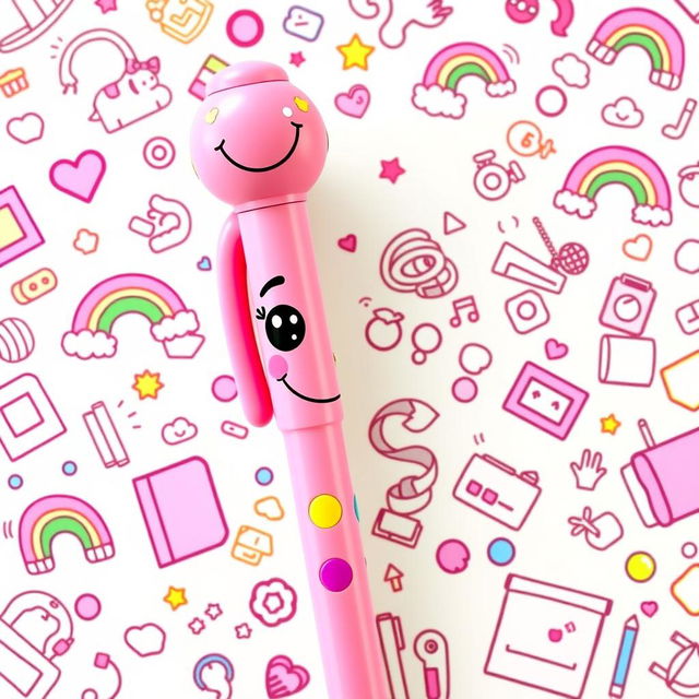 A cheerful and playful pink cartoon-style pen designed for kids, featuring a cute smiling face and oversized, colorful grips