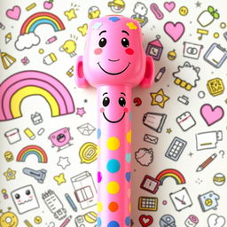 A cheerful and playful pink cartoon-style pen designed for kids, featuring a cute smiling face and oversized, colorful grips