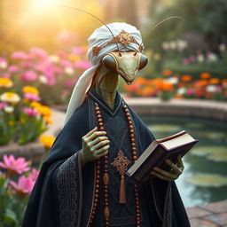 A realistic image of a large praying mantis dressed in traditional Muslim cleric clothing, showcasing dark colors adorned with intricate Islamic patterns