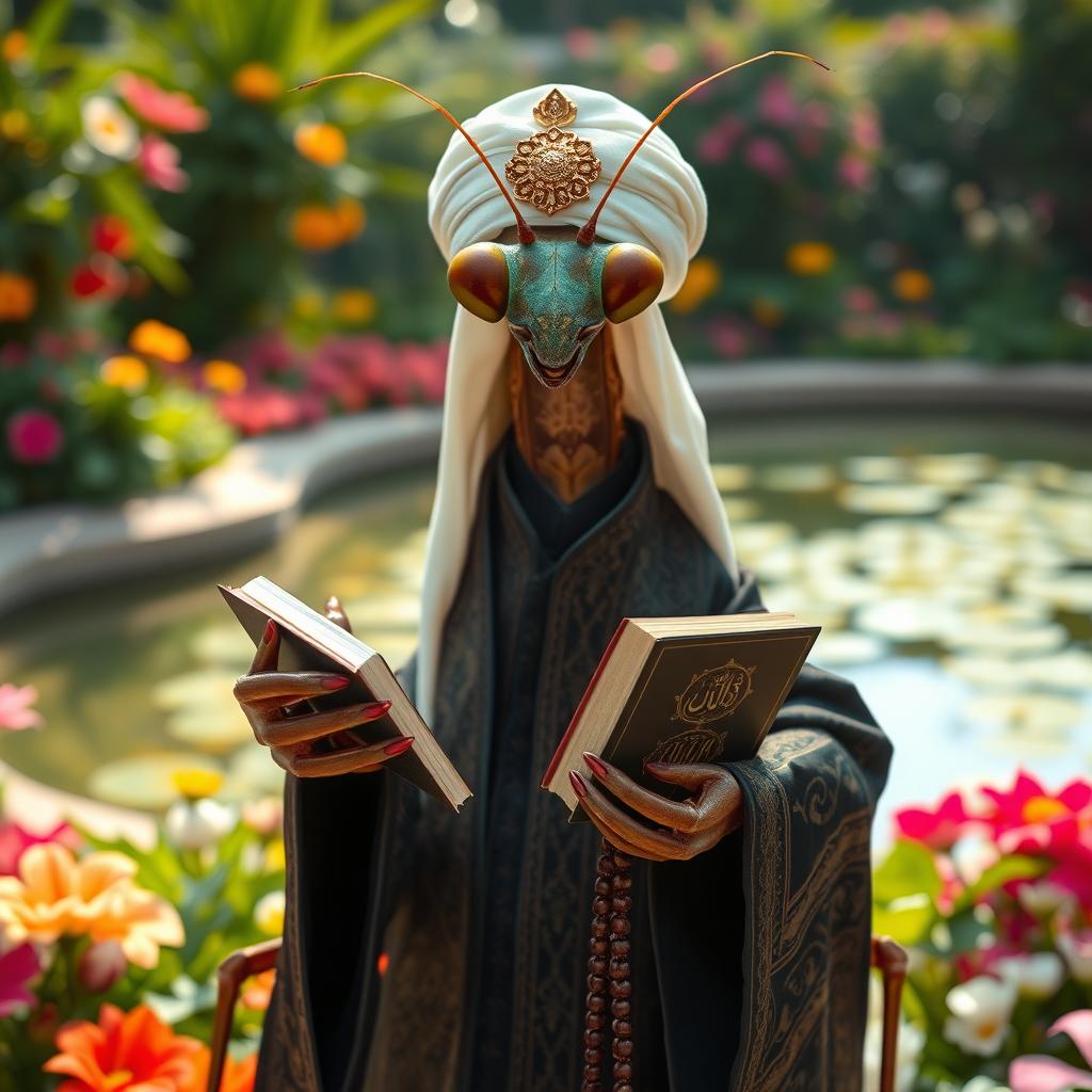 A realistic image of a large praying mantis dressed in traditional Muslim cleric clothing, showcasing dark colors adorned with intricate Islamic patterns