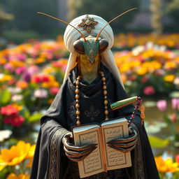 A realistic image of a large praying mantis dressed in traditional Muslim cleric clothing, showcasing dark colors adorned with intricate Islamic patterns