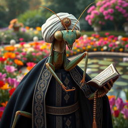 A realistic image of a large praying mantis dressed in traditional Muslim cleric clothing, showcasing dark colors adorned with intricate Islamic patterns