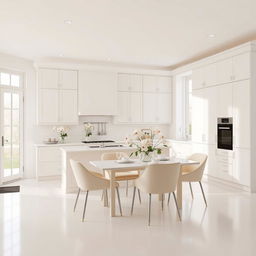 A stylish and elegant kitchen design featuring a soft white and cream color palette