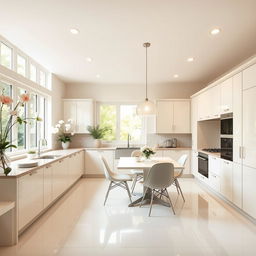 A stylish and elegant kitchen design featuring a soft white and cream color palette