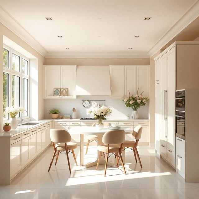 A stylish and elegant kitchen design featuring a soft white and cream color palette