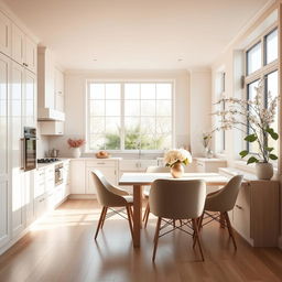 A stylish and elegant kitchen design featuring a soft white and cream color palette