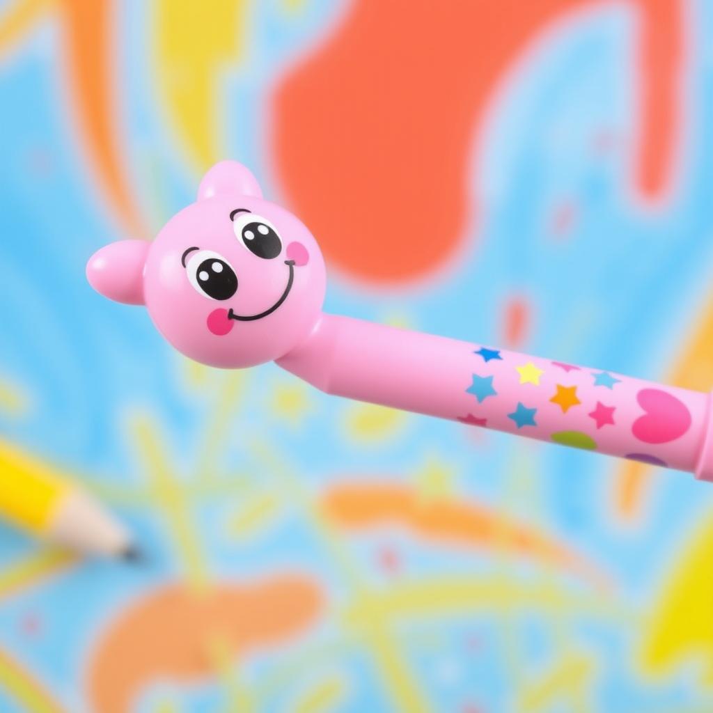 A cute pink cartoon pen designed for kids, featuring a smiling face and big cartoonish eyes on the pen's barrel