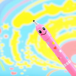 A cute pink cartoon pen designed for kids, featuring a smiling face and big cartoonish eyes on the pen's barrel