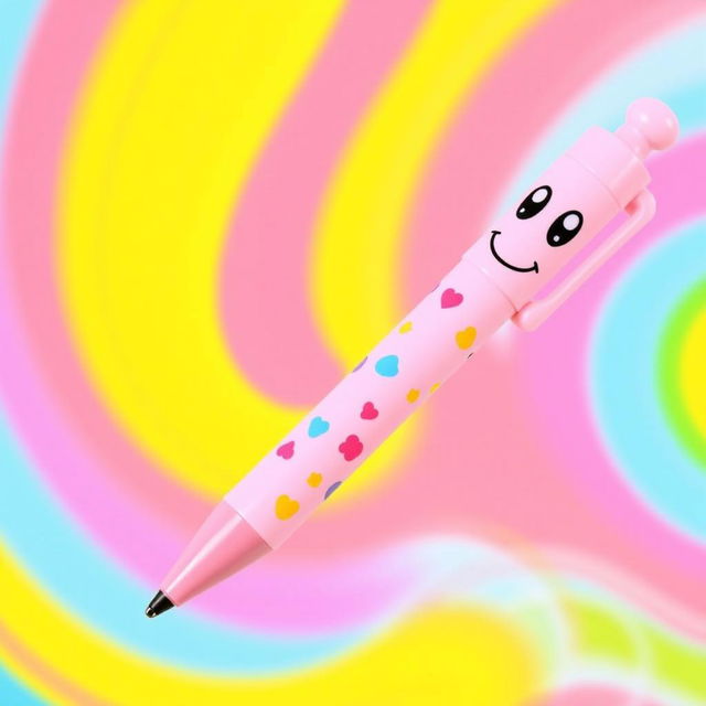 A cute pink cartoon pen designed for kids, featuring a smiling face and big cartoonish eyes on the pen's barrel