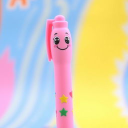 A cute pink cartoon pen designed for kids, featuring a smiling face and big cartoonish eyes on the pen's barrel