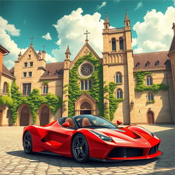 A stunning red Ferrari LaFerrari parked in front of a grand, historic church, showcasing European medieval architectural style