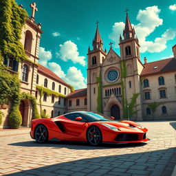A stunning red Ferrari LaFerrari parked in front of a grand, historic church, showcasing European medieval architectural style