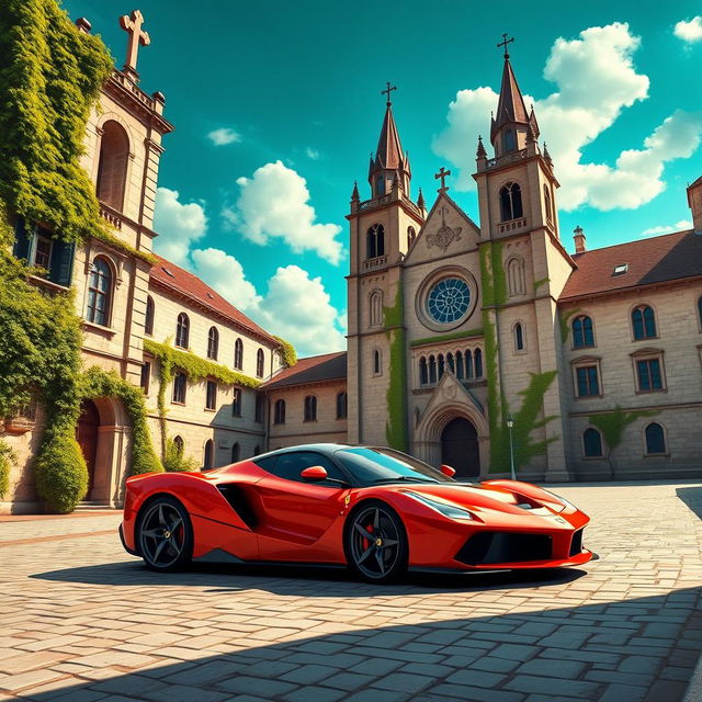 A stunning red Ferrari LaFerrari parked in front of a grand, historic church, showcasing European medieval architectural style