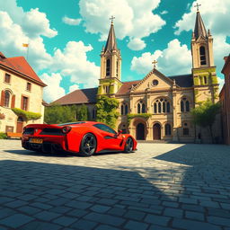 A stunning red Ferrari LaFerrari parked in front of a grand, historic church, showcasing European medieval architectural style