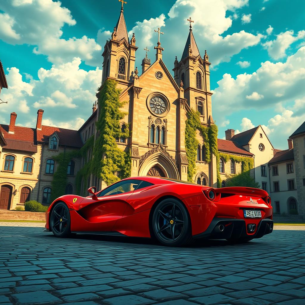 A stunning red Ferrari LaFerrari parked in front of a grand, historic church, showcasing European medieval architectural style