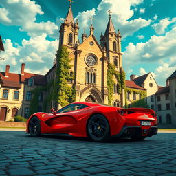 A stunning red Ferrari LaFerrari parked in front of a grand, historic church, showcasing European medieval architectural style