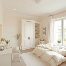 A serene bedroom design featuring soft cream and white tones