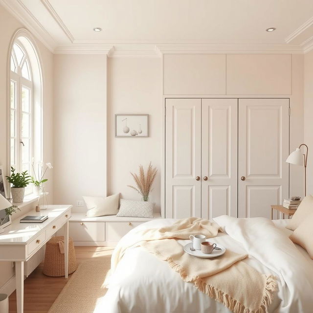 A serene bedroom design featuring soft cream and white tones