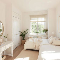A serene bedroom design featuring soft cream and white tones