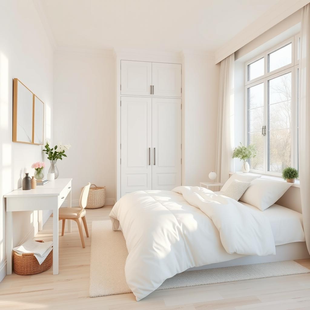 A serene bedroom design featuring soft cream and white tones