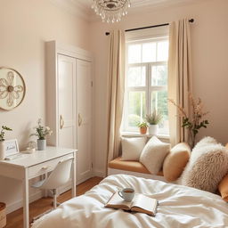 A cozy bedroom design featuring soft cream and white tones