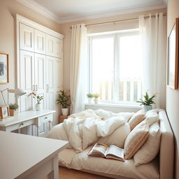A cozy bedroom design featuring soft cream and white tones