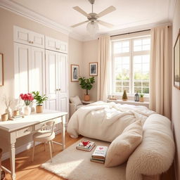 A cozy bedroom design featuring soft cream and white tones