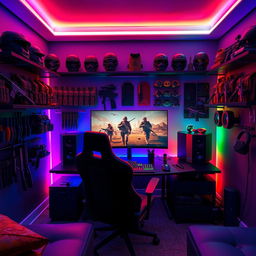 A vibrant gaming room filled with high-tech gaming equipment and immersive decor