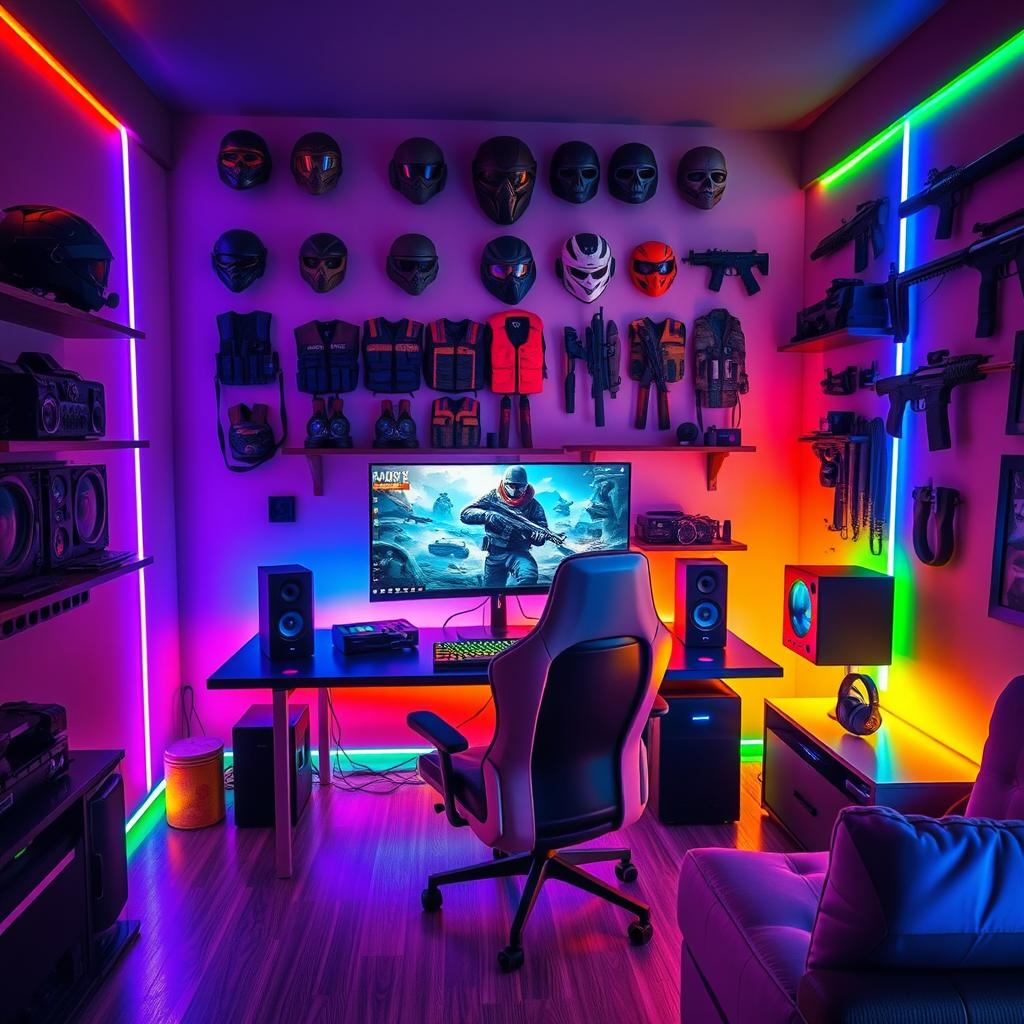 A vibrant gaming room filled with high-tech gaming equipment and immersive decor