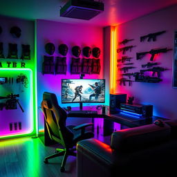 A vibrant gaming room filled with high-tech gaming equipment and immersive decor