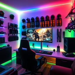 A vibrant gaming room filled with high-tech gaming equipment and immersive decor