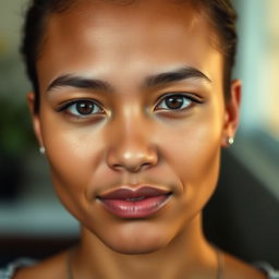 A close-up portrait of a confident person with a striking feature, showcasing a smooth forehead without any hair, emphasizing clear skin and strong facial features