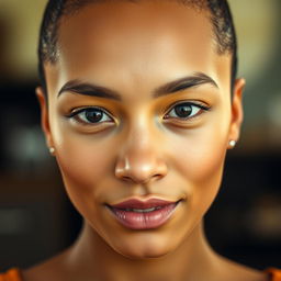 A close-up portrait of a confident person with a striking feature, showcasing a smooth forehead without any hair, emphasizing clear skin and strong facial features