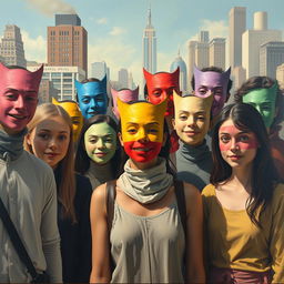 A surreal painting depicting a diverse group of people in an outdoor setting, each wearing a variety of colorful face masks that express different emotions and personalities