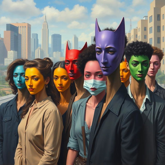 A surreal painting depicting a diverse group of people in an outdoor setting, each wearing a variety of colorful face masks that express different emotions and personalities