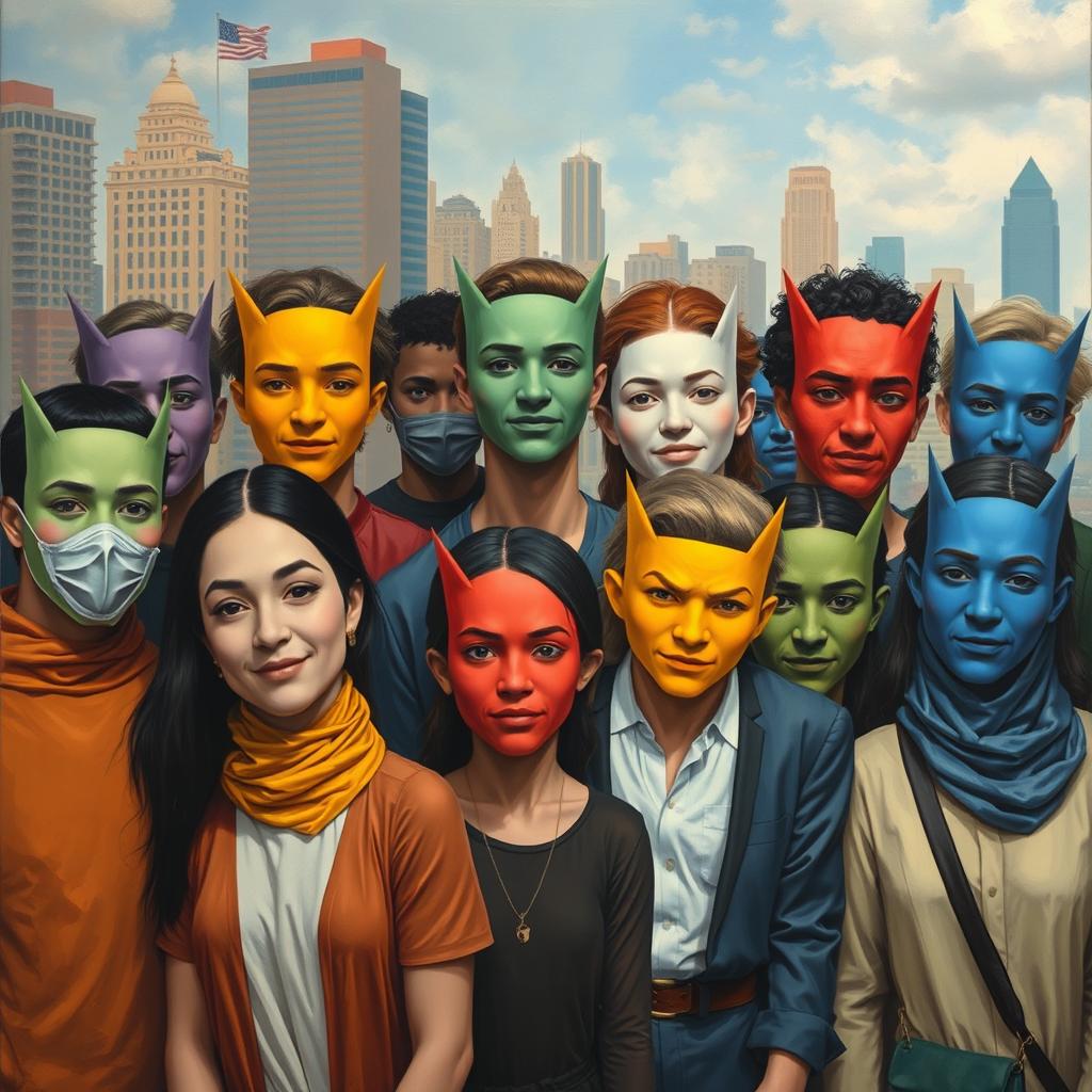 A surreal painting depicting a diverse group of people in an outdoor setting, each wearing a variety of colorful face masks that express different emotions and personalities