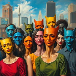 A surreal painting depicting a diverse group of people in an outdoor setting, each wearing a variety of colorful face masks that express different emotions and personalities
