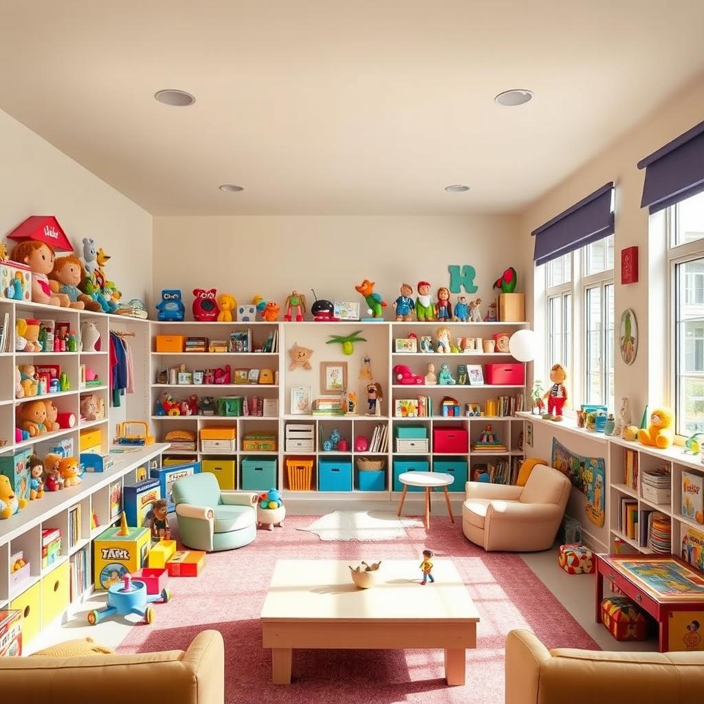 A large, bright children's room filled with toys and nostalgic childhood memories