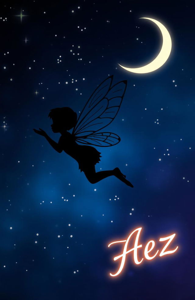 A beautiful silhouette of a little fairy flying gracefully against a starry night backdrop