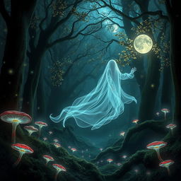 A mystical ghost floating through an ancient forest, ethereal wisps of light surrounding it